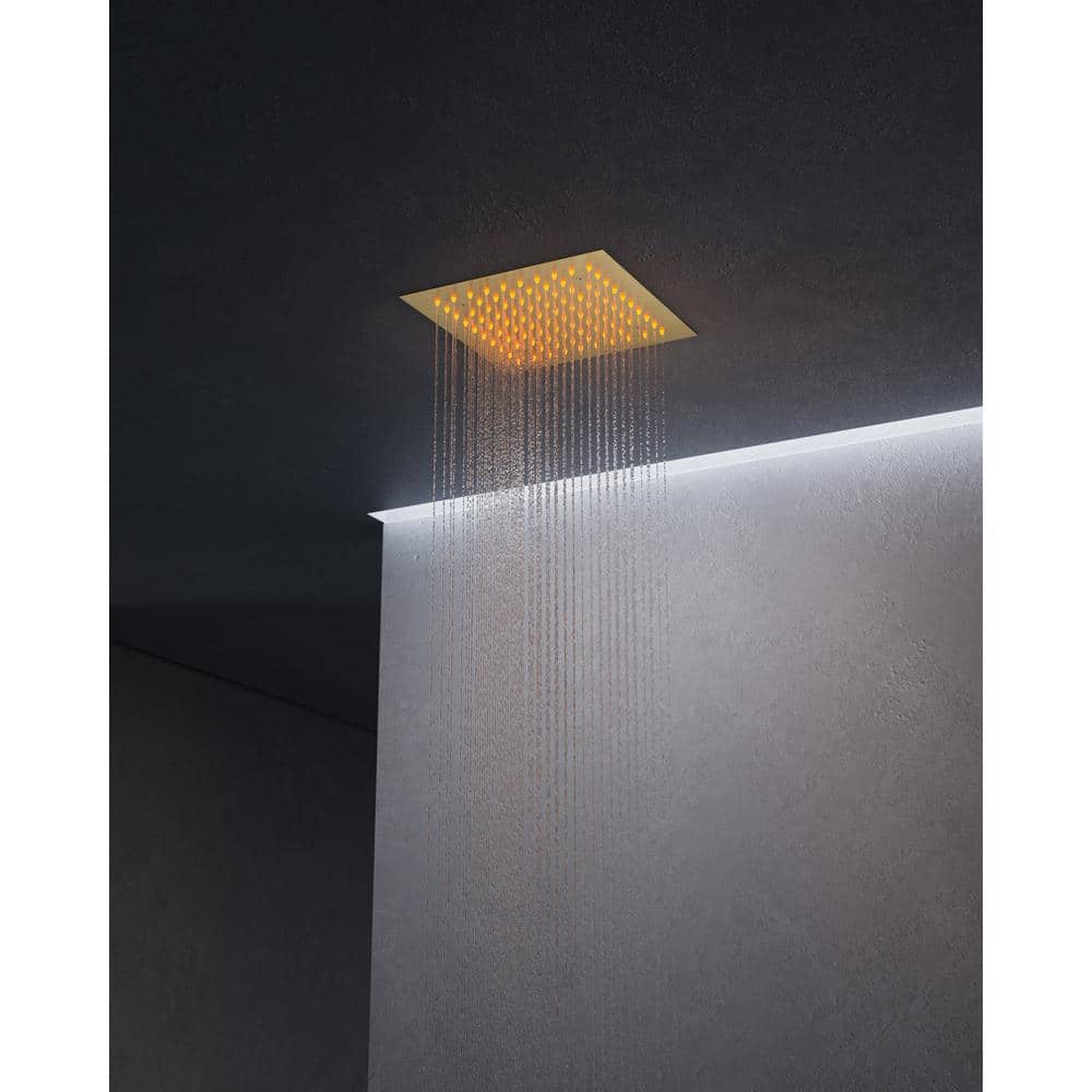 Brushed Gold LED Thermostatic Shower System with 12" Rainfall Head and Body Jets