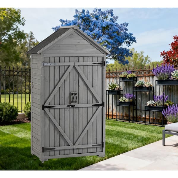 39.56 in. W x 22.04 in. D x 68.89 in. H Gray Wood Outdoor Storage Cabinet, Tool Shed with Latch Door