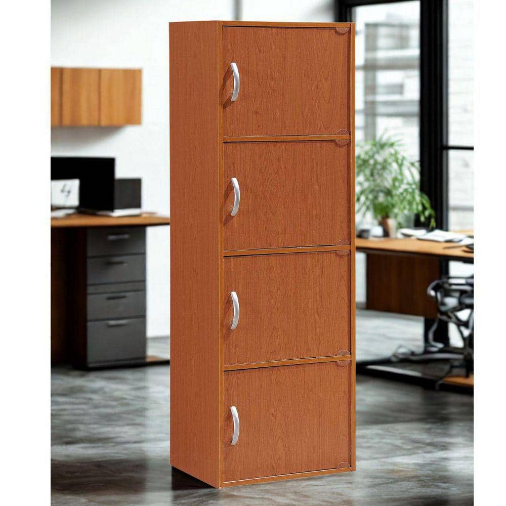 47.3 in. Tall Cherry Wood 4-Shelf Bookcase with 4-Doors Enclosed Storage 4-Tier Bookshelf for Home or Office