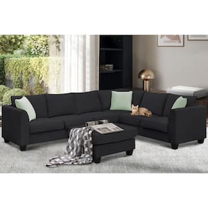112 in. 3-Piece Fabric Upholstered Sectional Sofa Set with in Black Ottoman and 3 Pillows