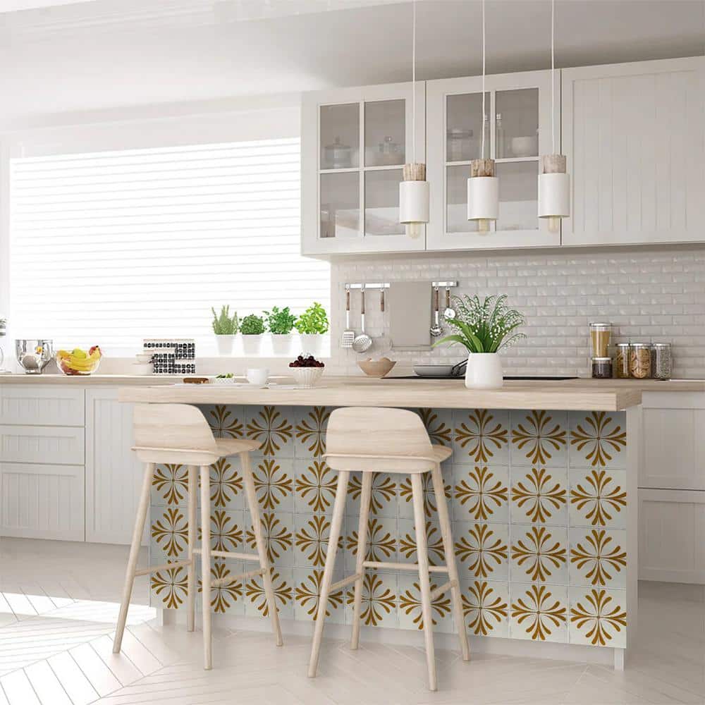 Beige and Gold Vintage Flower Vinyl Peel & Stick Tiles 8x8-inch