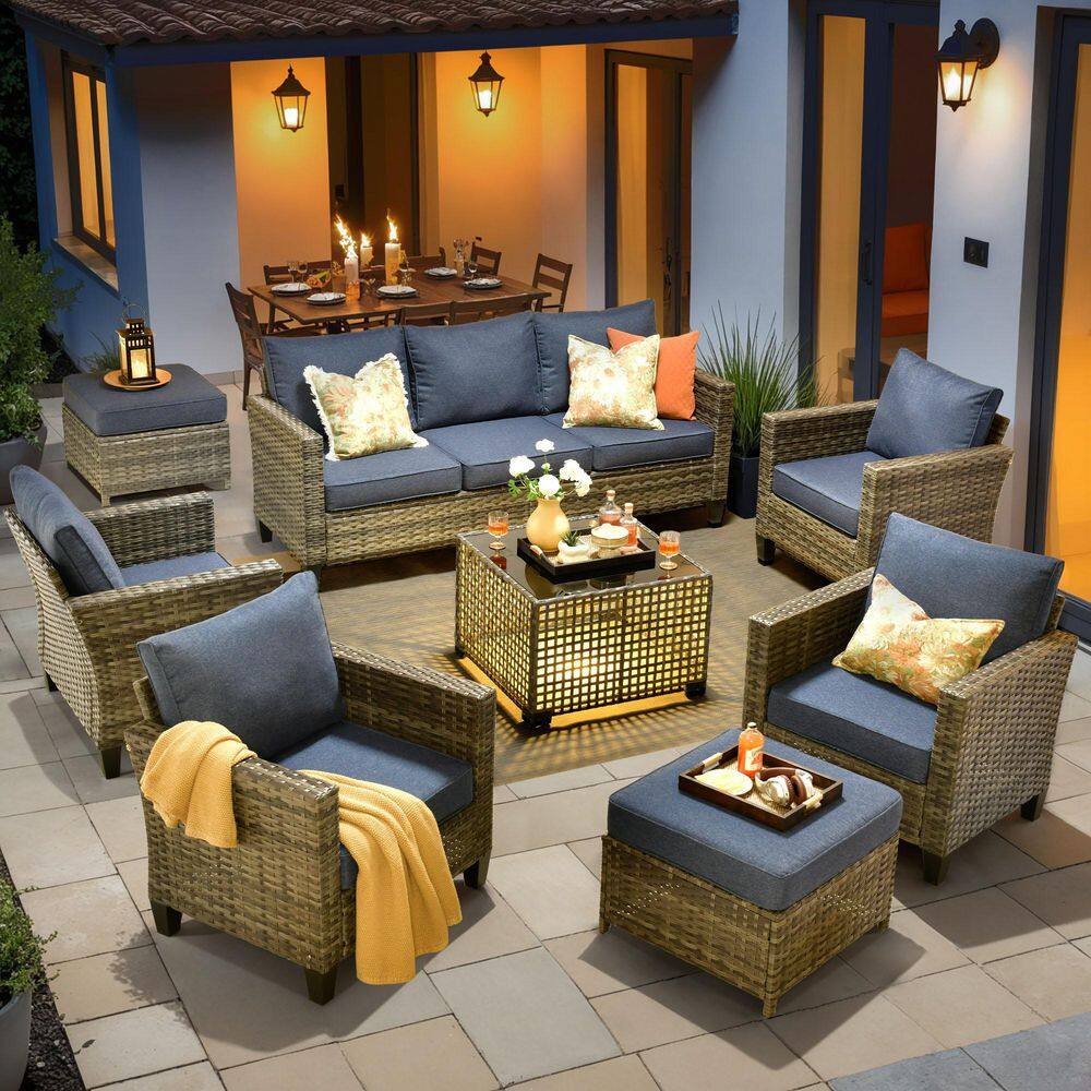 New Vultros Gray 8-Piece Wicker Patio Conversation Set with Denim Blue Cushions and Solar LED Coffee Table price history on PriceWatchPro