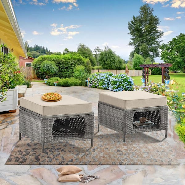 kuurfuurdo Gray Wicker Outdoor Patio Ottoman with Storage Space Beige Cushions (Set of 2)