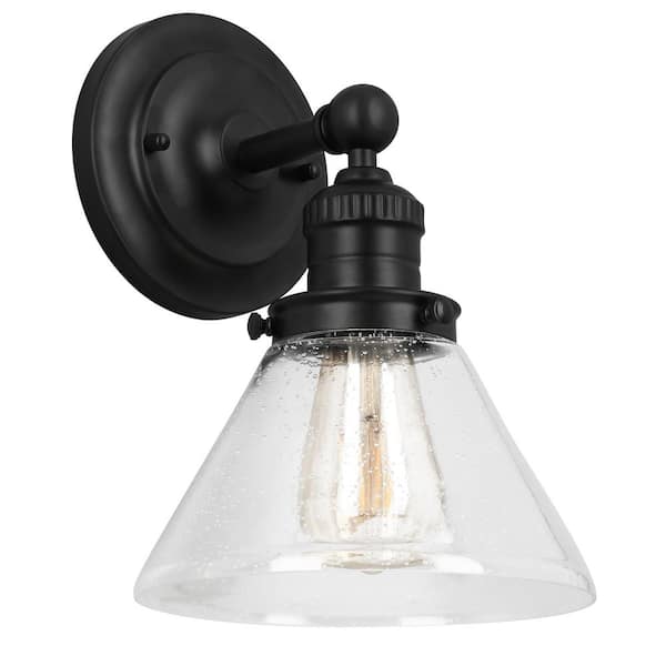 Cavell 7.8 in. 1-Light Matte Black Wall Sconce with Clear Seedy Glass Shades