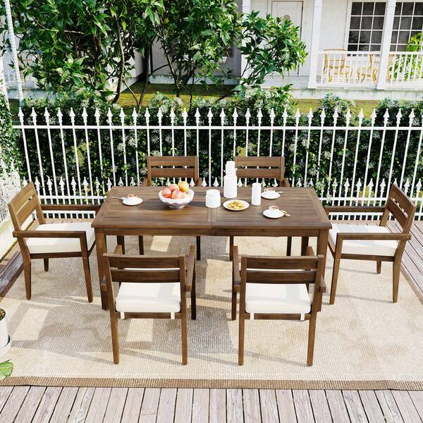 Boosicavelly Burly Wood 7-Piece Acacia Wood Outdoor Dining Set with Beige Cushions