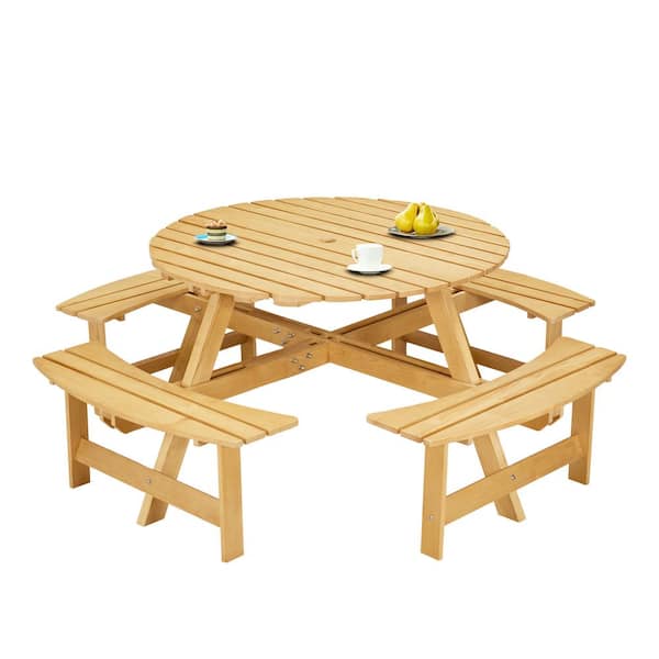 Unbranded 70 in. Natural Round Outdoor Wood Picnic Table Seats 8 Person with Umbrella Hole and 3 Built-in Benches