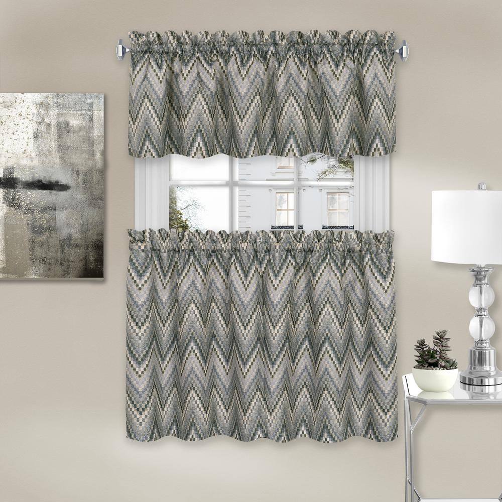 Charcoal Chevron Polyester Rod Pocket Tier Curtains and Valance Set