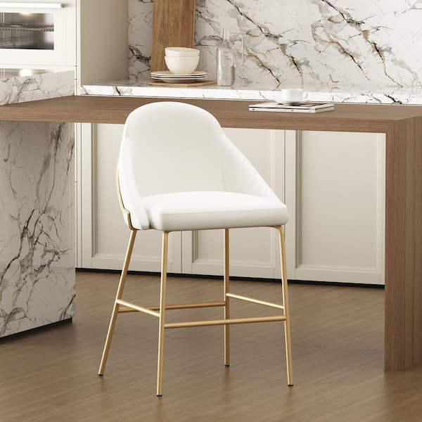 Manhattan Comfort Gracie 26 in. Modern White and Gold Metal Frame Counter Height Bar Stool with Faux Leather Upholstered Seat