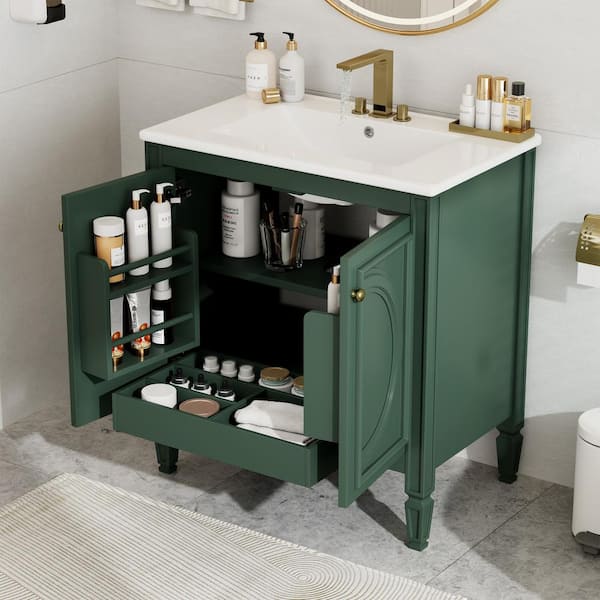 30 in. W x 18.3 in. D x 33.7 in. H Single Sink Freestanding Bath Vanity in Green with White Ceramic Top and Cabinet