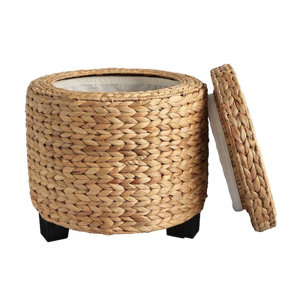 Addie 17.72 in. Modern Coastal Handwoven Water Hyacinth Storage Ottoman with Lid, Natural