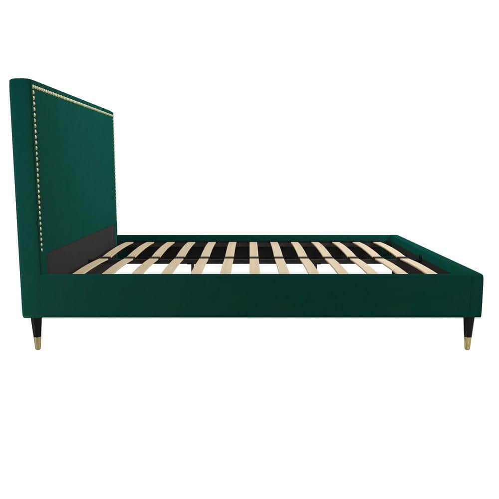 Emerald Green Velvet Queen Bed with Gold Nailhead Trim & Black Legs