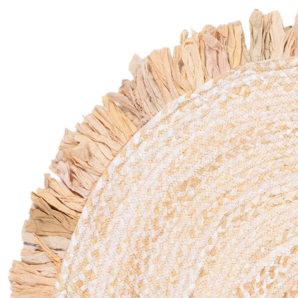 Beige Cotton Braided Round 3' Rug with Fringe