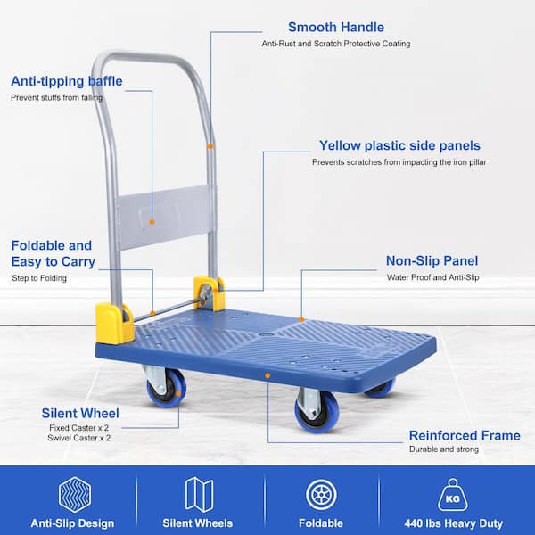 440 lbs. Capacity Easy-Move Foldable Steel Push Cart with 2 x Fixed Wheels and 2 x 360° Wheels