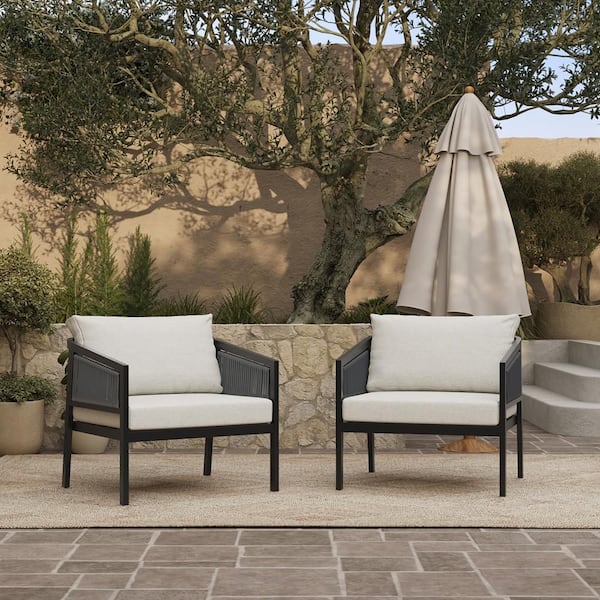 Outdoor Black Metal Lounge Chair with White Cushions (Set of 2)
