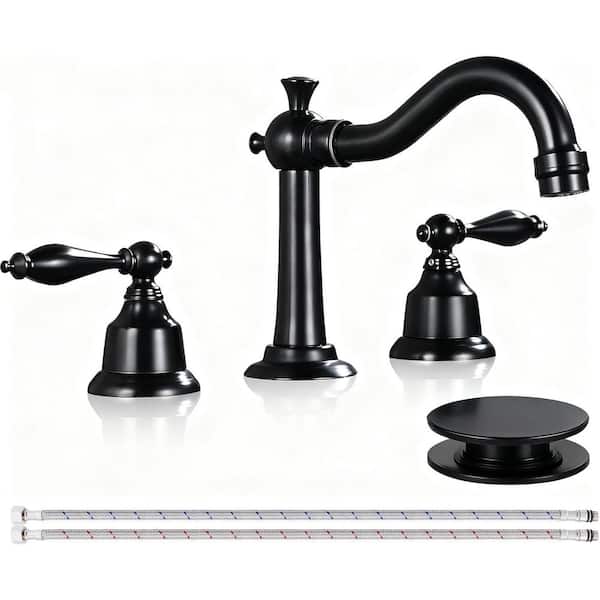 8 in. Widespread Double Handle Mid Arc Bathroom Faucet with Drain in Black (1-Pack)
