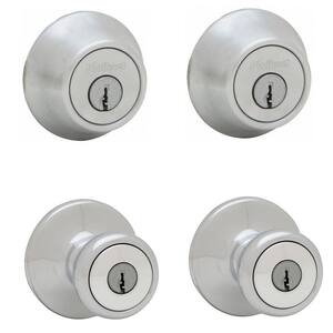 Tylo Satin Chrome Exterior Entry Door Knob and Single Cylinder Deadbolt Project Pack