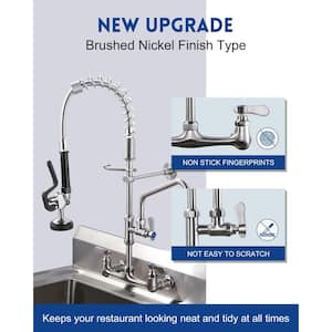 Commercial Wall Mount Triple-Handle Pull Down Sprayer Kitchen Faucet with Pre-Rinse Sprayer in Brushed Nickel