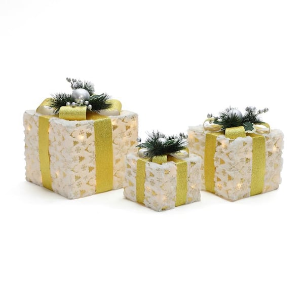11 in. 3-Piece Lighted Snowflake Gift Box Set with Gold Ribbon, White Fabric Outdoor Christmas Decor