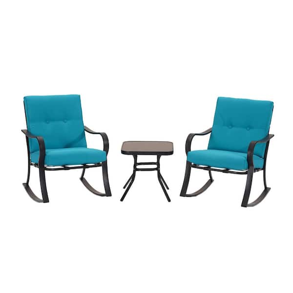 Unbranded 3-Piece Metal Patio Conversation Set 2 Rocking Chairs, Coffee Table with Teal Cushions
