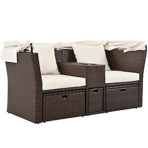 2-Seater Wicker Outdoor Loveseat with Foldable Awning and Beige Cushions