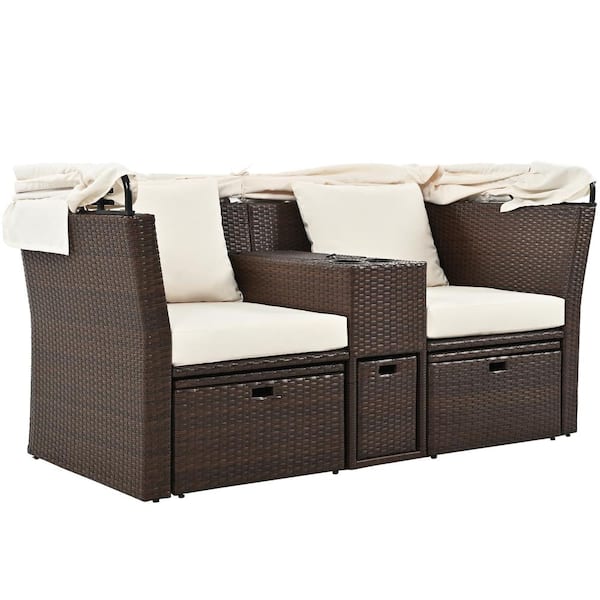 Zeus & Ruta 2-Seater Wicker Outdoor Loveseat with Foldable Awning and Beige Cushions