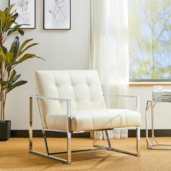 31.50 in. H White PU Leather Button-tufted Accent Arm Chair with Chrome Plated Frame