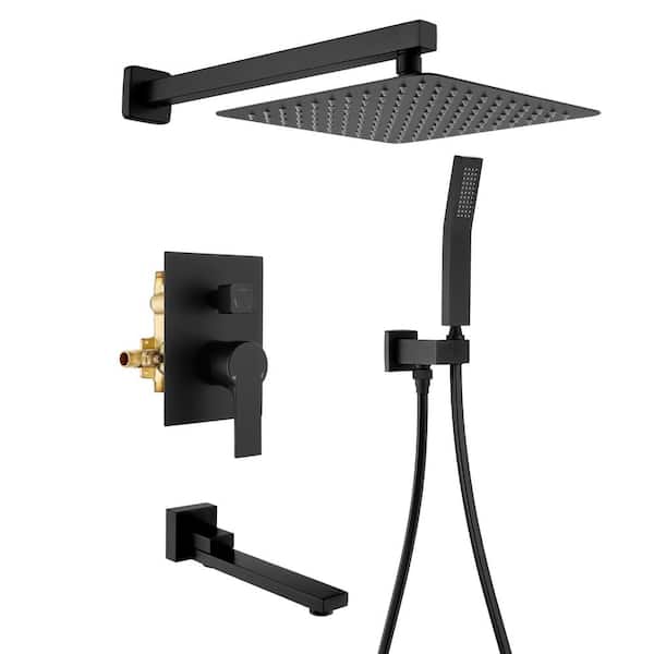 FORCLOVER Single Handle 1-Spray Wall Mounted Tub and Shower Faucet 1.8 GPM with 10 in. Shower Head in Black Valve Included