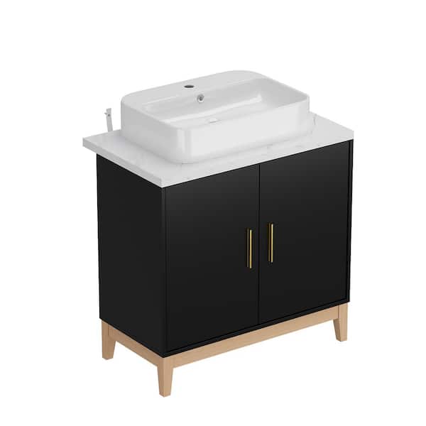 FUFU&GAGA 23 in. W x 17.7 in. D x 34 in. H in Black Ready to Assemble Free Standing Bathroom Cabinet with Basin without Mirror