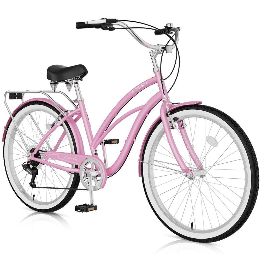 24/26 in. Beach Cruiser Bike 7-Speed Adult Bicycle Classic City Cruiser Comfortable Step-Through Frame with Rear Rack
