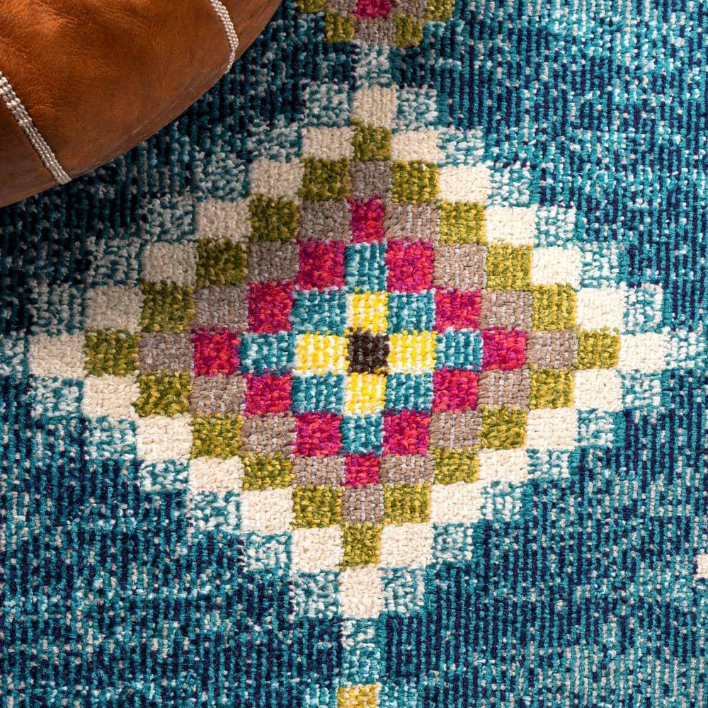 Dark Blue Multi Geometric Synthetic Runner Rug 2'-3" x 8'