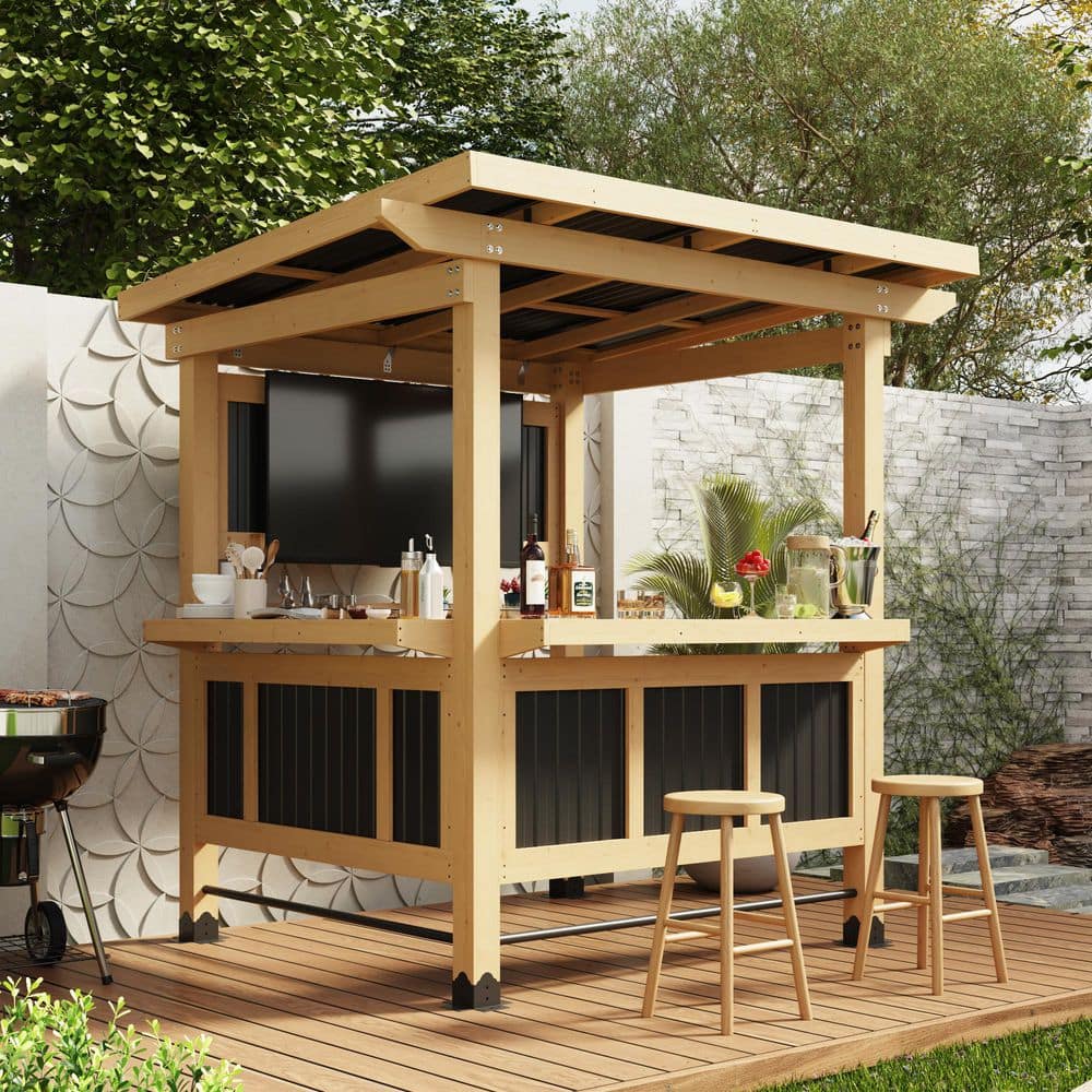 FUFU&GAGA 7.05 ft. x 6.34 ft. Cedar Wood Entertainment Outdoor Bar ...