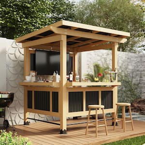 FUFU&GAGA 7.05-Feet x 6.34-Feet Cedar Wood Entertainment Outdoor Bar Gazebo with Dual Bar Counters, PVC Roof, TV Mount