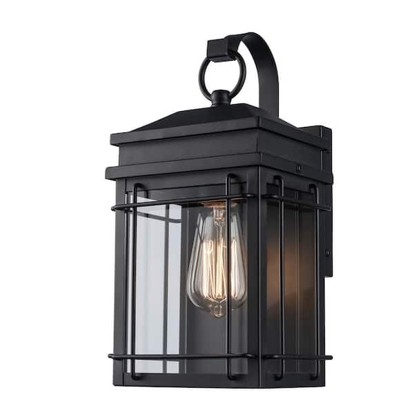 Hampton Bay Broward 13 in. Black Outdoor Hardwired Wall Lantern Sconce with Clear Glass