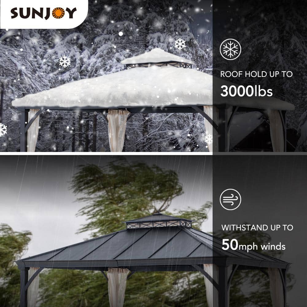 Sunjoy Black Metal 11x13 ft Hardtop Gazebo with Mesh Netting