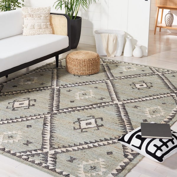 Kilim Blue/Black 8 ft. x 10 ft. Native American Trellis Border Area Rug