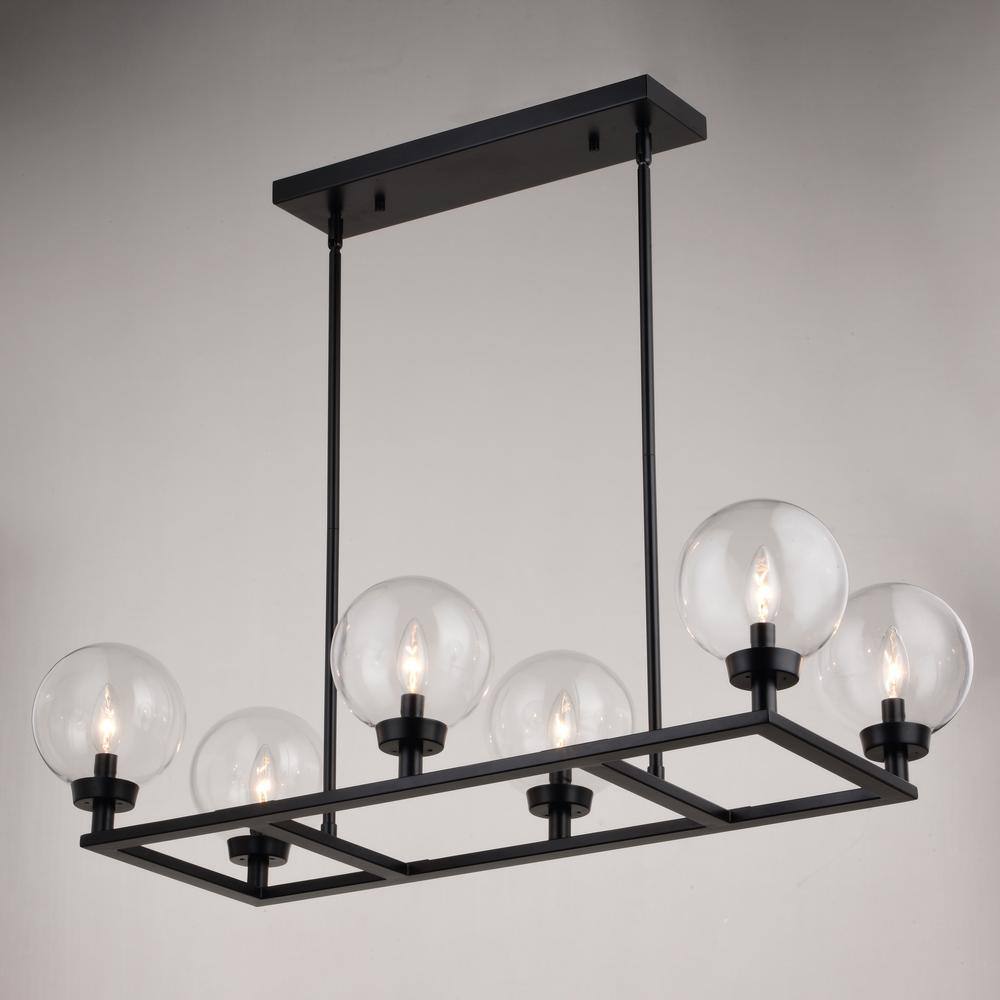 Matte Black 6-Light Linear Chandelier with Clear Glass Globes