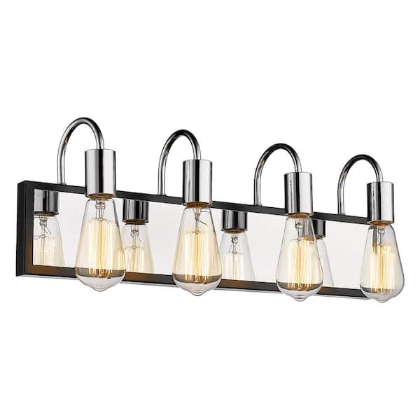 JAZAVA 22.4 in. 4-Light Chrome and Black Bedroom Powder Room Hallway Vanity Light Wall Sconce-Light