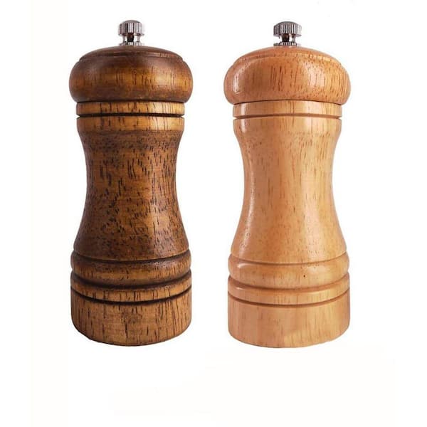 Wooden Salt and Pepper Grinders Set Brown Ceramic Rotor Manual Adjustable Coarseness Kitchen Mill Shakers 5.5inch