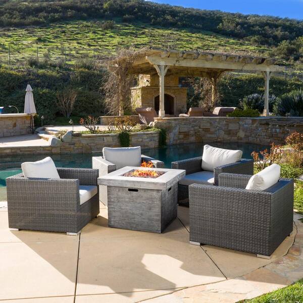 Noble House 5-Piece Plastic Patio Fire Pit Conversation Set with White Cushions