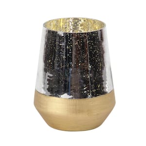 9 in. H Gold Glass Decorative Candle Lantern with Faux Mercury Glass Finish