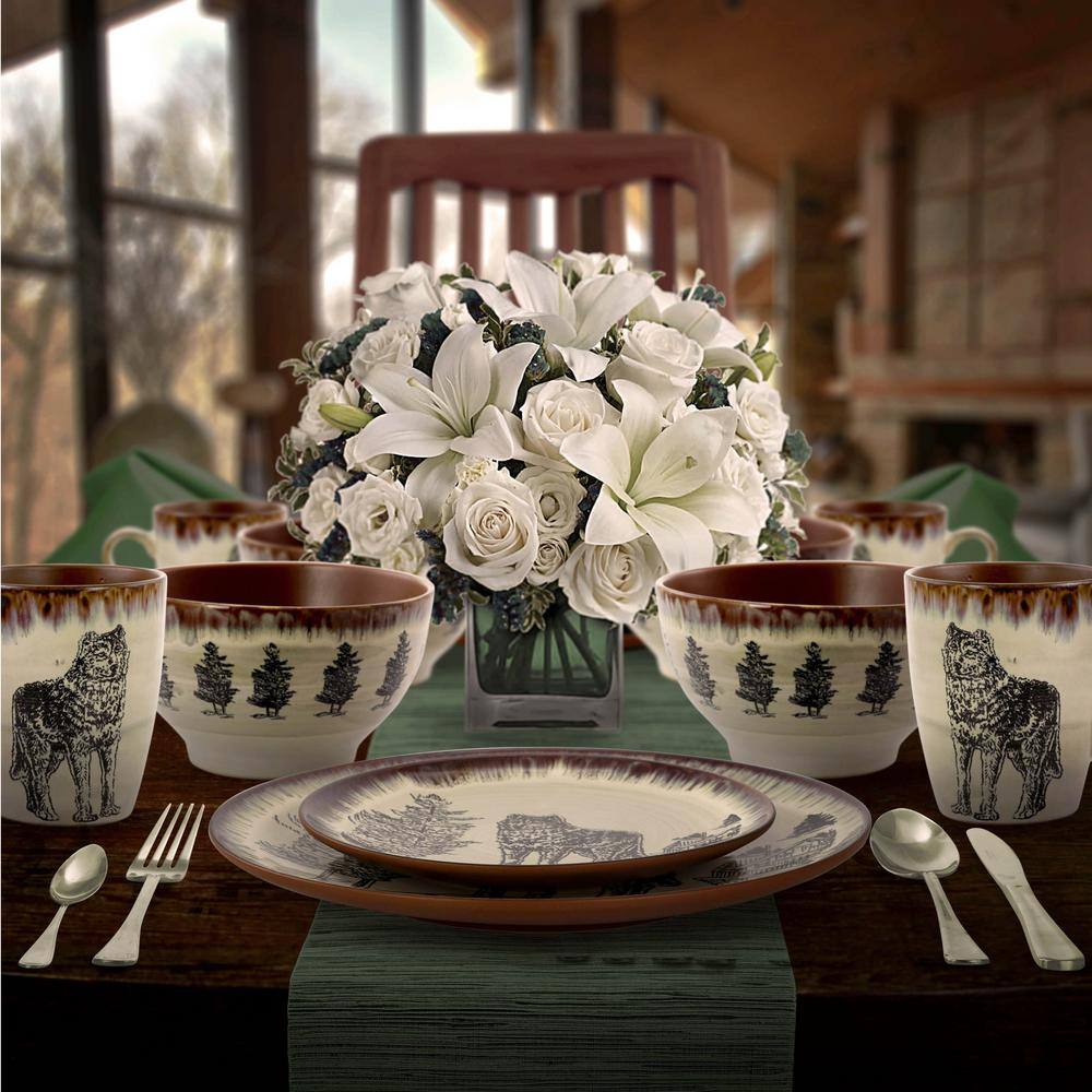 Majestic Wolf Taupe Ceramic Holiday Dinnerware Set for 4