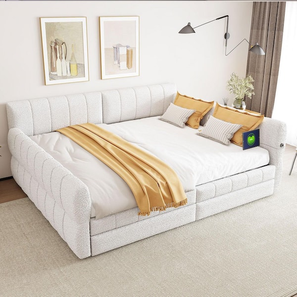 White Wood Frame King Size Platform Bed with USB and 2 Drawers