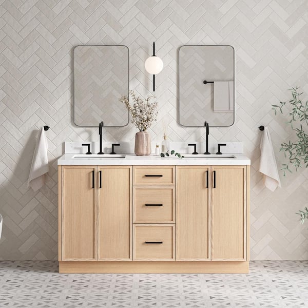 ARIEL Kelly 60 in. W x 22 in. D x 36 in. H Double Bath Vanity in Oak with Carrara White Quartz Top
