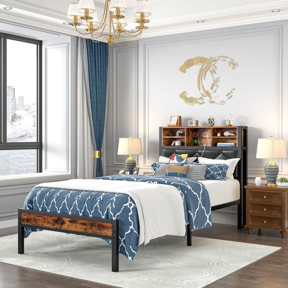 Bed Frame with Headboard, Brown Metal Frame Queen Platform Bed with USB Charging, LED Lights, No Box Spring Needed - thumbnail 3