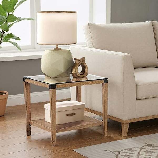 Shaffner 24 in. Brown Finish Wood Clear Tempered Glass Tabletop End Table
