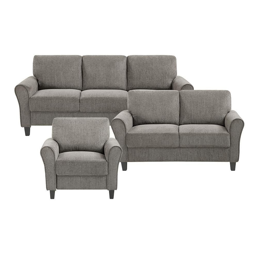 A three-piece grey chenille fabric sofa set including a sofa, loveseat, and armchair.