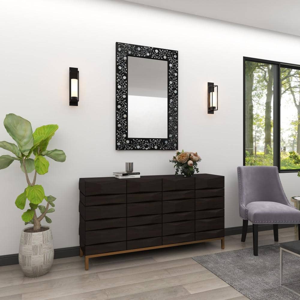 Rectangular Black Wood Wall Mirror with Floral Inlay