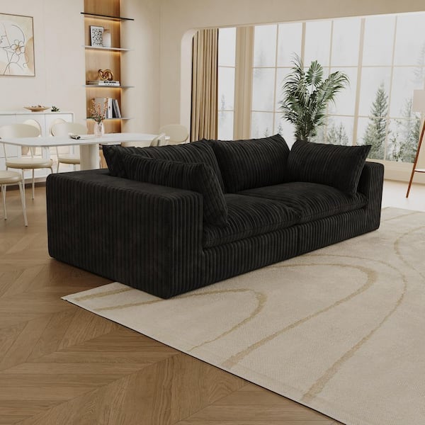 Leon 78.8 in. Square Arms 2-Piece Corduroy Modular Compressed Sectional Sofa in Black with Pillows
