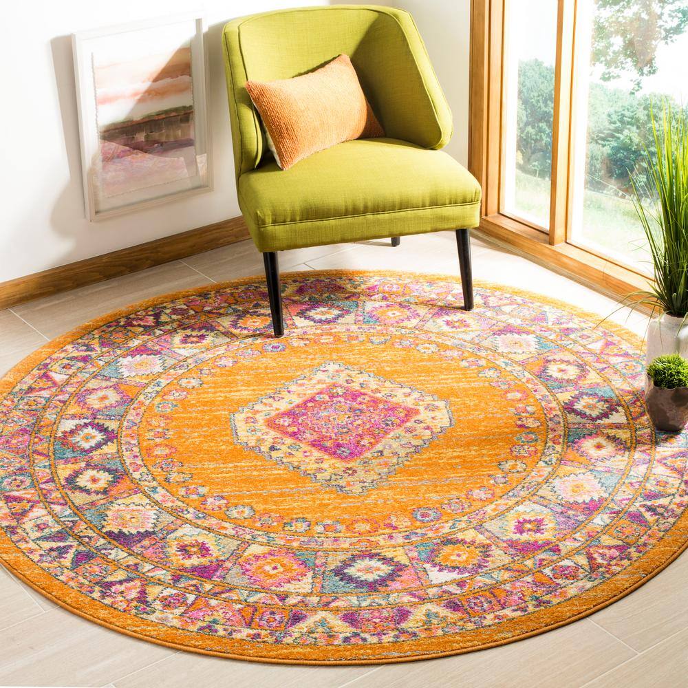 5'1" Round Orange and Fuchsia Synthetic Boho Chic Medallion Rug