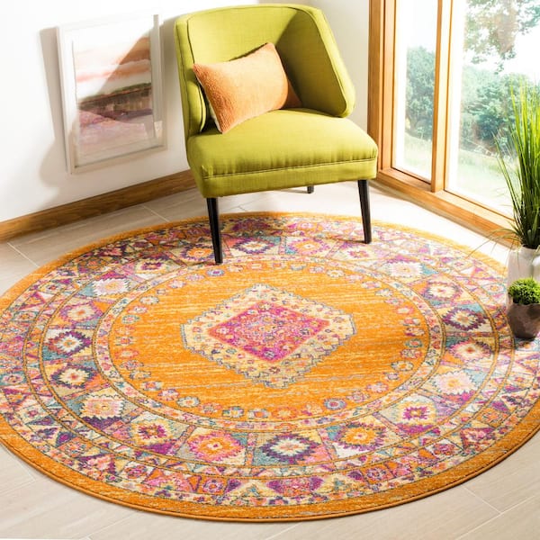 Madison Orange/Fuchsia 8 ft. x 8 ft. Border Floral Geometric Medallion Round Area Rug